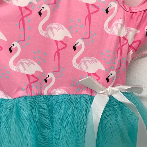 Little Girl Dress Kids Flamingo Cold Shoulder Tutu Tulle Girl Dress Summer Party - Picture 3 of 6